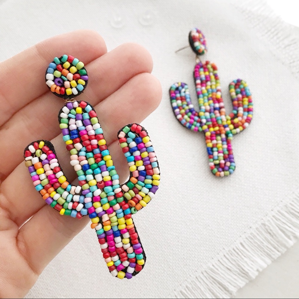 Beaded Saguaro Cactus Rainbow Statement Earrings - Picture 2 of 3